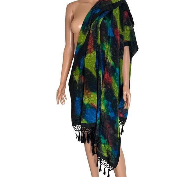 Large scarf satin colorful tasseled edges swim coverup summer lightweight - Picture 2 of 5